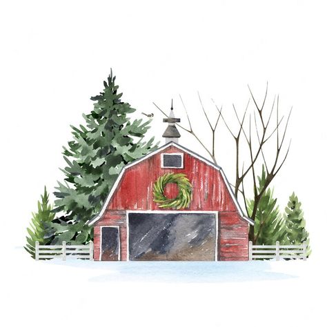 Farm Christmas Painting, Christmas Farm Painting, Christmas Barn Painting, Barn Watercolor, Business Card Info, Farmhouse Logo, Watercolor Barns, Animals Logo, Christmas Barn