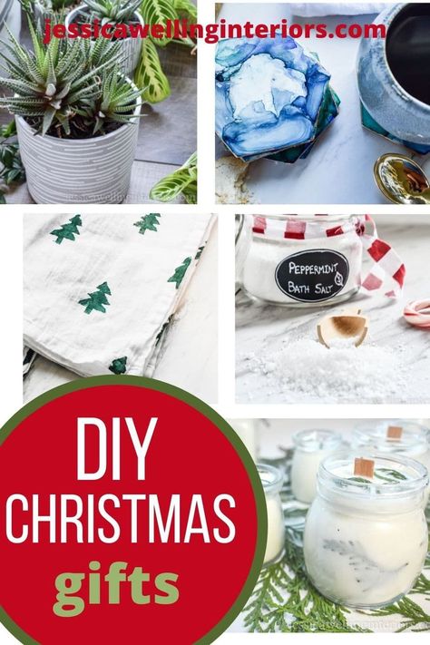 Make these stylish and inexpensive handmade gifts for family, friends, neighbors, teachers, and coworkers this Christmas! Candles, bath salt, tea towels, coasters, etc. They'll love these unique and stylish gift ideas! Diy Teatowels, Christmas Teacher Appreciation, Peppermint Bath Salts, Tea Towels Diy, Bath Salts Diy, Diy Tea, Inexpensive Christmas Gifts, Handmade Gifts For Men, Easy Diy Christmas Gifts