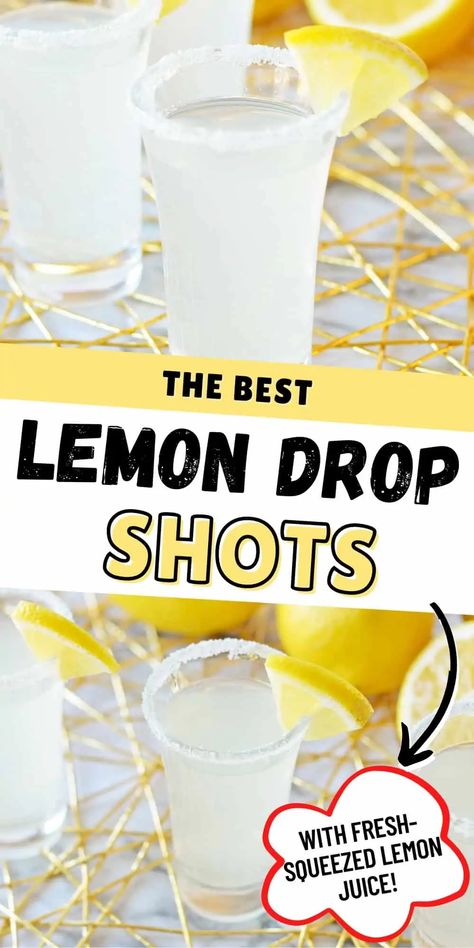 Shots For A Crowd, Lemon Drop Shot Recipe, Lemon Drop Shooter, Lemondrop Shot Recipe, Lemon Drop Drink, Easy Shot Recipes, Lemon Garnish, Tailgate Drinks, Lemon Drop Shots