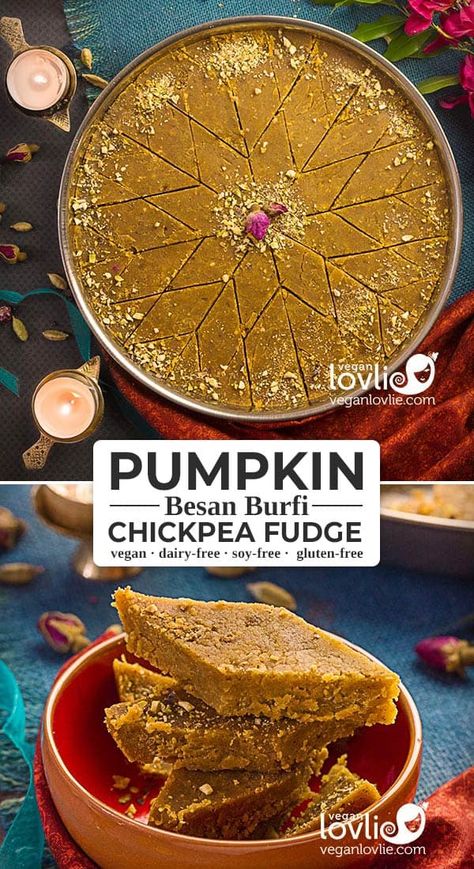 Pumpkin Besan Burfi {Chickpea Fudge} - Veganlovlie Chickpea Fudge, Besan Burfi, Pumpkin Chickpea, Sweet Pumpkin Recipes, Easy Indian Dessert Recipes, Easy Indian Dessert, Pumpkin Fudge, Burfi Recipe, Gram Flour