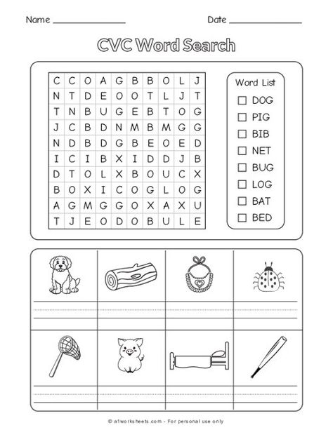 Free Phonics CVC Word Search Worksheets for Kindergarten