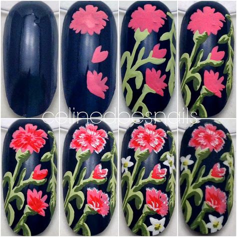 Nails By Celine: Floral Nail Art & Tutorial Nail Polish Painting, Star Nail Designs, Manicure Tutorials, Crazy Nail Art, Dot Nail Art, Nail Designs Tutorial, Black Nail Art, Floral Nail, Floral Nail Art