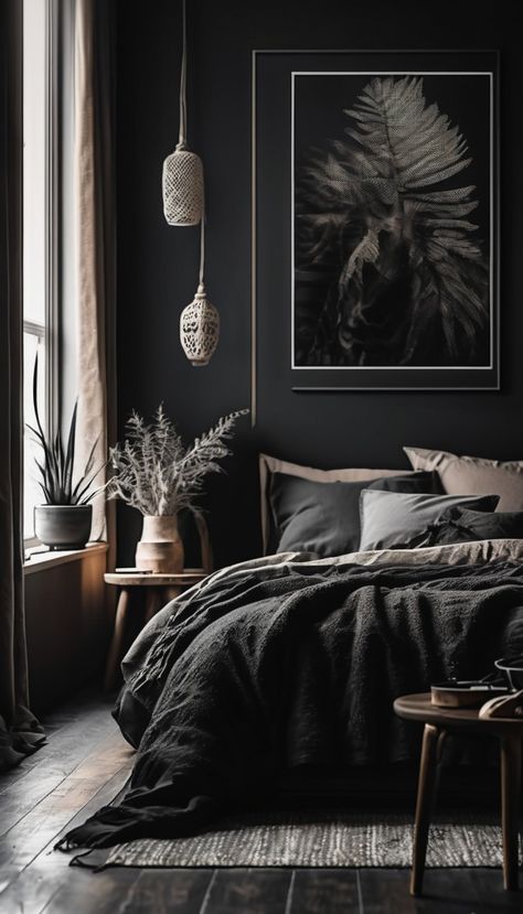 Beige And Black Bedroom, Harmony In Design, Dark Modern Bedroom, Dream Dark, Minimalistic Wall Art, Holiday Bedroom, Black Bedroom Decor, Black Rooms, Dark Bedroom