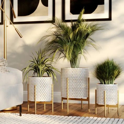 Metal Indoor Pot Planter White And Gold Bedroom With Plants, Mid Century Modern Plants, Outdoor Garden Planters, Sophisticated Home, Modern Planter, Mantle Shelf, Minimal Furniture, Gold Palette, Gold Bedroom