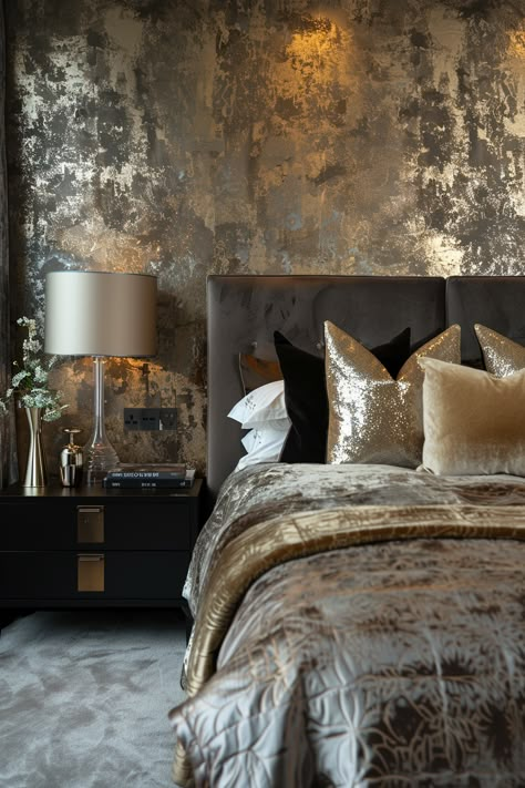 Create a cozy retreat in your bedroom with our curated list of 60 comfortable preppy decor must-haves. Elevate your comfort and style. #CozyRetreat #ComfortableDecor Grey And Gold Bedding, Bedroom Ideas Animal Print, Bronze Bedroom Decor, Gold And Brown Bedroom, Minimal Hotel Room, Bedding Ideas Cozy Color Schemes, Brown And Gold Bedroom, Gold Room Aesthetic, Luxe Bedroom Glamour