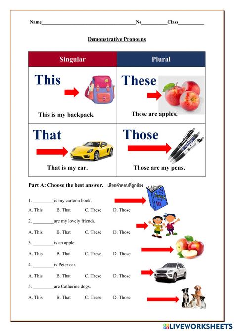 Demonstratives Worksheet, Demonstrative Pronouns Activities, Demonstrative Pronouns Worksheet, Esl Worksheets For Beginners, Letter Writing For Kids, Pronouns Worksheet, Pronoun Activities, Number Words Worksheets, Demonstrative Pronouns