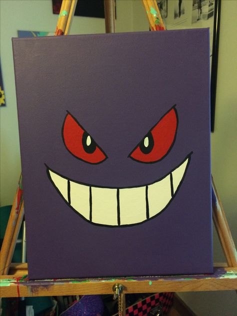 Pokemon Wall Drawings, Gengar Pokemon Painting, Gengar Pokemon Drawing, Pokemon Easy Painting, Simple Pokemon Painting, Pokemon Canvas Painting Easy, Pokemon Canvas Art, Gengar Painting Canvas, Beginner Painting Ideas Easy Simple Cute