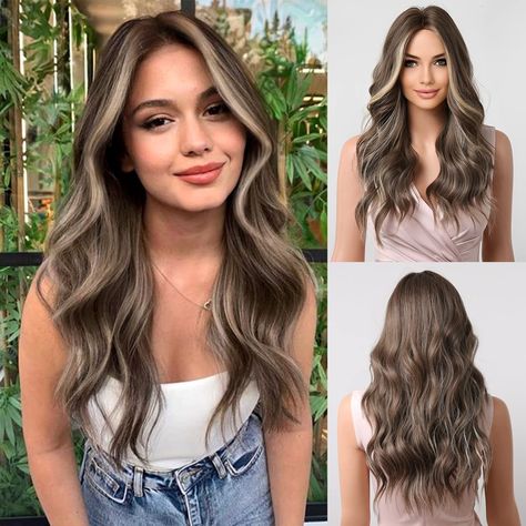 Ombre Wavy Hair, Brown With Blonde Highlights, Blonde Highlight, Dark Hair With Highlights, Brown Wig, Long Wavy Hair, Brown To Blonde, Wigs For Women, Long Wigs