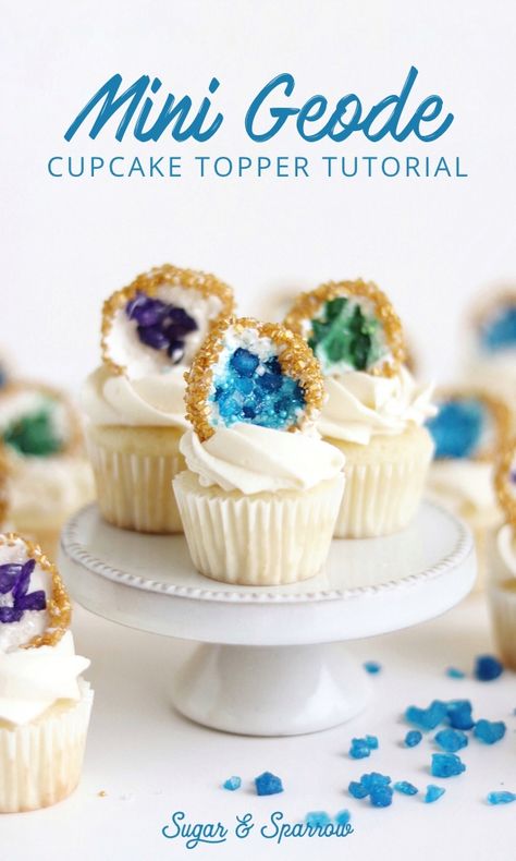 Learn how to create these stunning mini geodes for topping cupcake using Wilton Candy Melts + Sweet Tooth Fairy Rock Candies and sprinkles! Made in partnership with JOANN | Sugar & Sparrow | #handmadewithjoann #ad #geodecupcakes #ediblegeodes #geodetutorial #geodes #geodecake #cupcakedecorating #minicupcakes #cupcakeideas #cakedecorating #cupcaketoppers #DIYcupcaketoppers #DIY Geode Party, Easy Cupcakes Decoration, Beautiful Cake Pictures, Crystal Cupcakes, Wilton Candy Melts, Cupcake Tutorial, Geode Cake, Cupcake Wars, Sugar Sprinkles