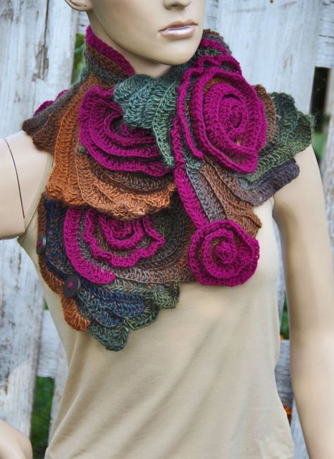 Unique scarf made Freeform crochet method. Warm and pleasant to the touch. Beautiful unique design. Color: shadows olive/green/orange/brown/purple Size: One size fits all   about 108cm/26 cm 42,52/10,24  materials used: 70% acrylic 30% wool  Care instruction: hand wash using warm water.  Because of different monitors and screen resolutions, colors may look different on the screen than really. Crochet Womens Scarf, Col Crochet, Crochet Flower Scarf, Crochet Puff Flower, Unique Scarf, Crochet Neck Warmer, Crocheted Scarf, شال كروشيه, Neck Warmers