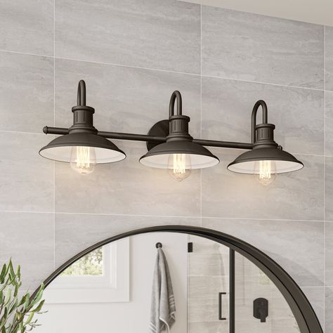 Williston Forge Deandre 3 - Light Dimmable Vanity Light & Reviews | Wayfair Black Lighting Fixtures Bathroom, Bathroom Lighting Over Round Mirror, Modern Farmhouse Vanity Lighting, Bathroom Vanity Lighting Over Mirror, Black Bathroom Lighting, Modern Farmhouse Bathroom Lighting, Above Mirror Bathroom Lighting, Bathroom Lighting Over Mirror, Farmhouse Bathroom Light Fixtures