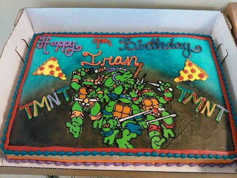 Ninja Turtle sheet cake. | Louisville, KY | Coco's  Cakes Bakery 502-836-1707 | www.cocoscakesbakery.com Tmnt Sheet Cake, Ninja Turtle Sheet Cake, Turtle Sheet Cake, Turtle Cakes, Ninja Turtle Birthday Cake, Kids Birthday Party Cake, Turtle Birthday Parties, Easy Minecraft Cake, Tmnt Birthday