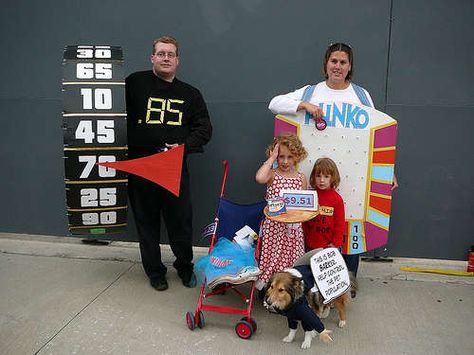 Price is Right costumes! (And Plinko Tutorial) Homemade Group Halloween Costumes, Dorothy Costumes, Price Is Right Costume, Prize Board, Chili Fest, Work Costumes, Maternity Halloween, Bob Barker, Awesome Costumes