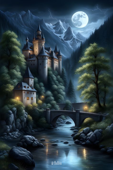 Embark on a journey through ancient fantasy realms with stunning digital depictions of castles nestled in mountainous landscapes, illuminated by the ethereal glow of the moon Mountains Dark, Writing Concepts, Castle Night, Fantasy Castles, Background Scenery, Fantasy Castle, Vintage Graphic Design, Beautiful Moon, Mountain Art