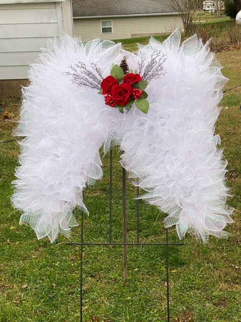 Angel Wings grave site decoration, took about 12 hours to make by hand. Gravesite Birthday Decorations, Memorial Grave Decorations Diy, Grave Side Decorations Ideas, Decorate Grave Site Ideas, Grave Decorations Diy, Graveside Decorations Diy, Decorating Grave Sites Ideas, Grave Site Ideas Diy, Grave Decorations Cemetery