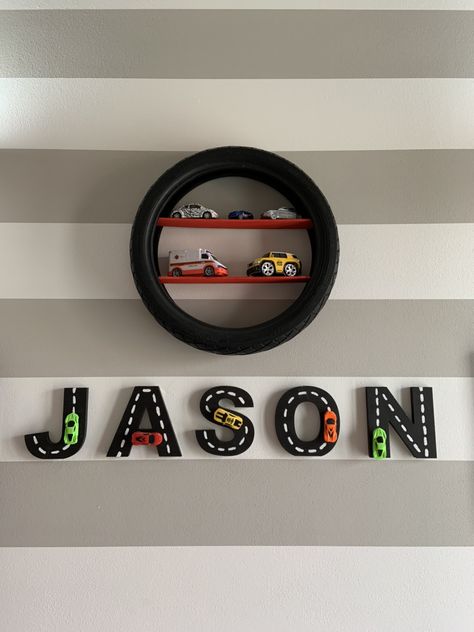 Racing Car Bedroom Ideas, Car Playroom Ideas, Hot Wheel Nursery, Diy Car Bedroom Decor, Cars Theme Boys Bedroom, Hot Wheel Bedrooms, Car Garage Themed Bedroom, Race Car Theme Room, Hot Wheel Theme Bedroom