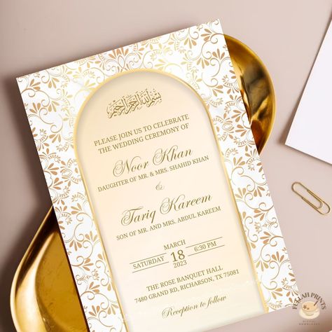 5x7 in. Islamic Wedding invitation template, editable template, white and gold islamic wedding invitation template, white and gold nikkah invitation, white and gold shaadi invitation, elegant islamic wedding invitation template Islamic Invitation, Nikkah Invitation, Wedding Pen, Digital Invitations Wedding, Invitation Elegant, Islamic Wedding, English Wedding, Digital Wedding Invitations, Gold Wedding Invitations