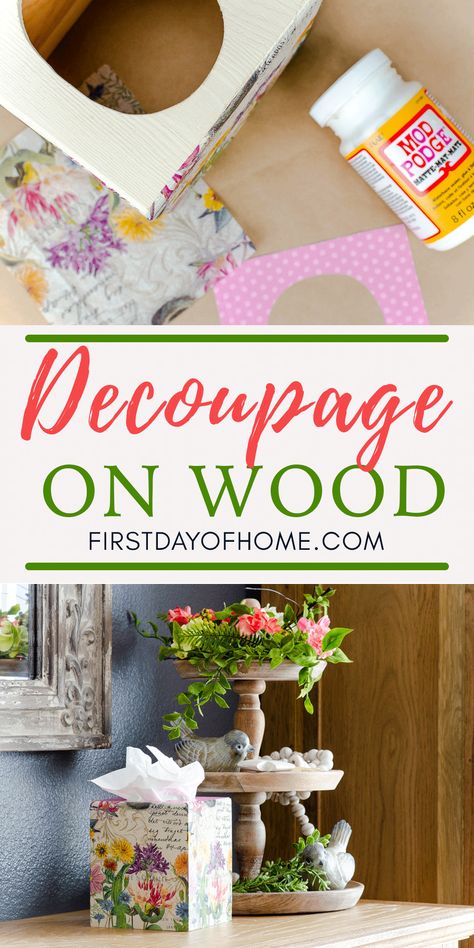 Decoupage With Napkins, Decoupage On Wood, Wood Decoupage, Decoupage Tutorial, Decoupage Decor, Mod Podge Crafts, Decoupage Wood, Beginner Crafts, Napkin Decoupage