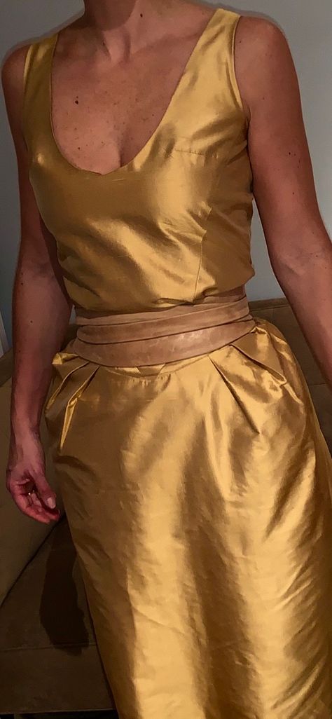 Gold Shantung/Dupioni Silk Column Dress with Leather Wrap Belt    | Elena O’Rourke Designs | Luxury Gold Silk Sets, Luxury Silk Belted Dress For Women, Shantung Dress, Silk Dupioni Dress, Shantung Silk, Shantung Silk Dress, Versace Gold Dress 90s, Dupioni Silk Dress, Leather Wrap Belt