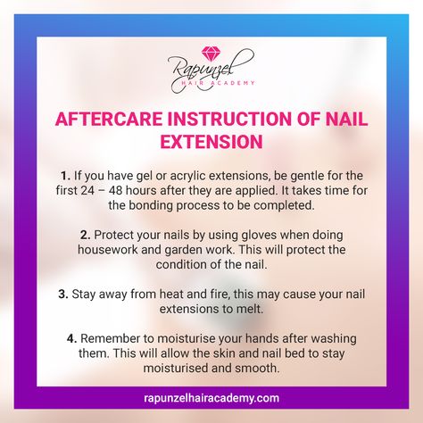 💅 Nail extensions are a popular beauty trend, but they require special care to keep them looking their best. 💁‍♀️ This tips provides easy-to-follow aftercare instructions to help you maintain your nails for up to two weeks. 🧚 Keep your nails healthy and beautiful with this helpful guide! ☘️ If you would like to learn more check out all our online courses via our website https://rfr.bz/f3noz2t #tips #rapunzelhairacademy #onlinecourse #certificate #accredited #UK #usa #beautycourse #nailextensi Nail Tech Quotes, Nail Tech School, Nails Healthy, Beauty Courses, Skin Facts, Nail Courses, Rapunzel Hair, Nail Care Routine, Nail Bed