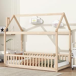 MERITLINE Twin Size Floor Bed for Kids, Wooden Twin Montessori Floor Bed Frame with Rails and Slats, Twin House Bed for Kids, Girls & Boys, Natural Twin Floor Bed, Twin House Bed, Twin House, Montessori Floor Bed, Floor Bed Frame, House Frame Bed, Montessori Bed, Natural Bed, Boy Girl Bedroom