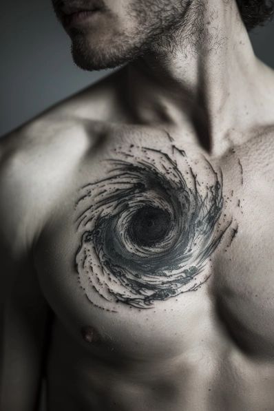 23+ Creative Space & Galaxy Tattoo Ideas Space Chest Tattoo Men, Super Nova Tattoo, Sonder Tattoo Ideas, Galaxy Tattoo Ideas, Interstellar Tattoo, Black Holes And Revelations, Black Hole Tattoo, Nebula Tattoo, Tech Tattoo