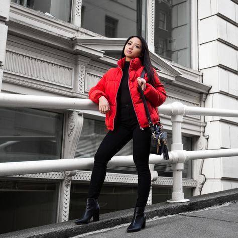 Chic Puffer Jacket outfit Red Fall Puffer Jacket, Casual Fitted Red Puffer Jacket, Red Puffer Jacket Outfit, Casual Red Puffer Outerwear, Luxury Red Puffer Jacket For Winter, Red Puffer Coat, Luxury Red Puffer Jacket, Red Puffer Jacket, Puffer Jacket Outfit