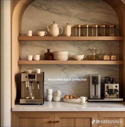 Coffee Bar Hutch, Coffee Bar Ideas Kitchen Counter, Bar Hutch, Bar Nook, Farmhouse Coffee Bar, Coffee Nook, Coffee Station, Picture Light, Organic Modern