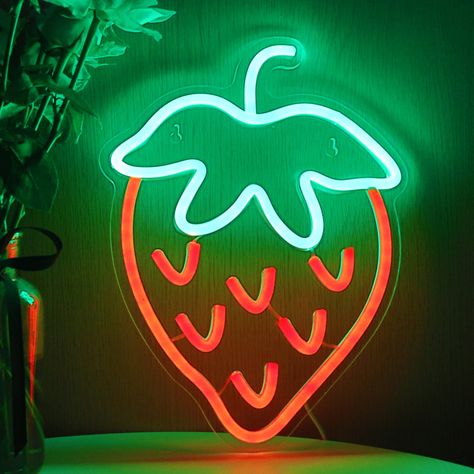 TONGER®Strawberry LED Neon Sign Strawberry Sign, Vibey Room Aesthetic, Vibey Room, Green Strawberry, Neon Nights, Sign Lighting, Led Neon Signs, Gifts Wedding, Room Aesthetic