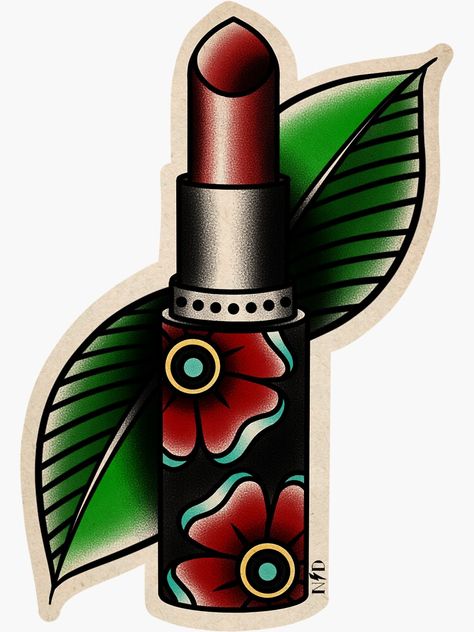 Vintage Lipstick Tattoo, Red Lipstick Tattoo, Traditional Tattoo Painting, Lipstick Sticker, Tattoo Lipstick, Lipstick Tattoo, Holy Tattoos, Traditional Tattoo Drawings, Small Neck Tattoos