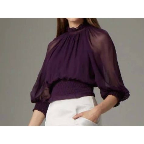 Thanks For Checking Out Our Fabulous Posh Closet!! All Of Our Items Are New With Tags! Never Worn Or Used <3 - Composition: 100% Viscose - Description: A Timeless Blouse That Will Never Go Out Of Style. It's Blouse Season Again And This Gorgeous Deep Purple Style With Sheer Sleeves Will Have You Feeling Festive In No Time! Deep Purple High Neck Sheer Sleeve Elastic At Waist Back Button Closure 100% Viscose - We Ship From Multiple Warehouses So It's Not Possible For Us To Bundle - Because All Of Dark Purple Blouse, Ruffle Top Blouses, Purple Style, Batwing Top, Deep Purple Color, Bohemian Blouses, Purple Outfits, Evening Tops, Silky Blouse