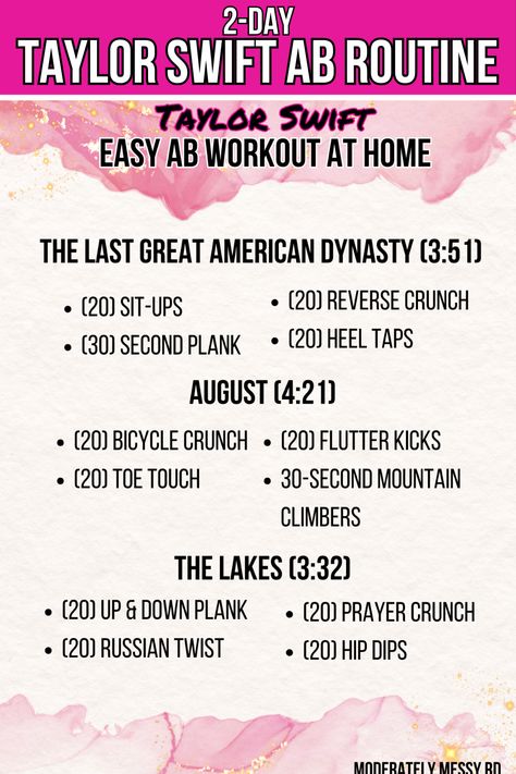 Incorporate some fun into your fitness routine with this Taylor Swift 2-day abs workout at home! Free download available in the post, along with instructions for each exercise. 2 days of 10-minute ab exercises - set to Folklore and Midnights. Enjoy!!! Taylor Swift Exercise Routine, Taylor Swift Workout Playlist, Taylor Swift Workout Routine, Taylor Swift Treadmill, Easy Abs Workout, Taylor Swift Workout, Fitness Era, At Home Abs Workout, Disney Workout