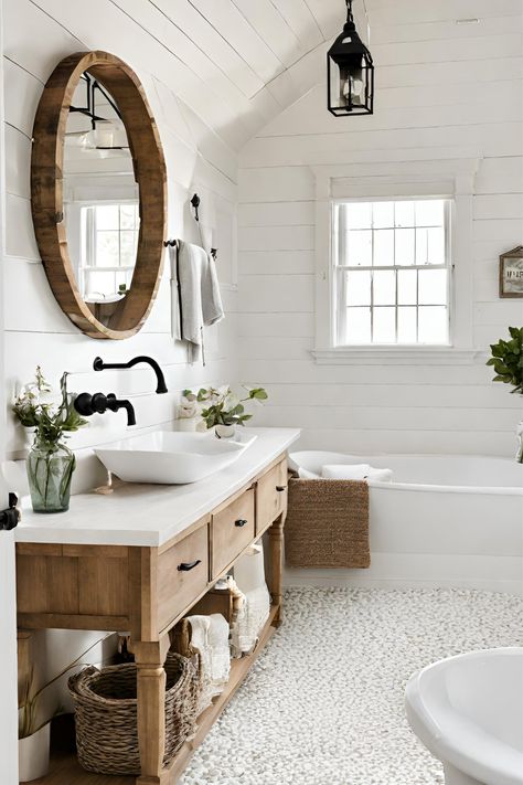 Transform your bathroom into a rustic oasis with farmhouse decor 🍂 Elements of warmth, distressed woodwork, and vintage charm work together to create a tranquil space you'll love! Bathroom Country House, Country Modern Bathroom, Bathroom Lake House, Modern Farmhouse Guest Bathroom, French Bathroom Decor Vintage, River Bathroom, Natural Wood Bathroom, Farmhouse Guest Bathroom, Modern Country Bathroom