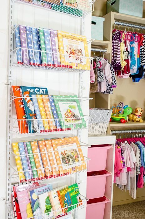 Oct 29, 2019 - This baby closet organization project took a HUGE mess and turned it into the mom's favorite spot. Better yet, the storage solutions are flexible and will grow with baby. Preschool Closet Organization Storage Ideas, Book Storage Small Space Kids, Back Of Door Book Storage, Toddler Room Organization Girl, Baby Book Storage, Book Organization Ideas Kids, Book Storage Ideas Kids, Kids Book Organization, Book Storage Ideas For Small Spaces