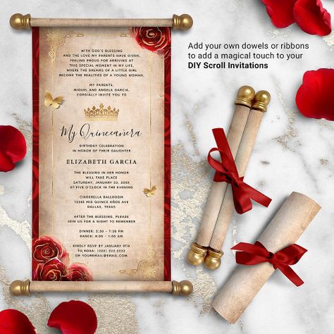 Gold and Red Quinceanera DIY Scroll Invitations #redquinceanerascrollinvitationsrsvp #darkburgundyquincegoldcrown #diytemplatevintageparchmentpaper #myquinceanerasweet16birthday #royalweddingrolledinvitationcards #partyelegantcalligraphymisanos #floralwatercolorrosesbutterfly15 #rosecinderellaprincessbridaltiara #blackbrowntanbutterfliesflowers #medievalfairytalebabyshower Quinceanera Diy, Enchanted Theme, Diy Scroll, Scroll Invitations, Rose Gold Quinceanera, Royal Blue Quinceanera, Roses Butterfly, Green Quinceanera, Invitations Quinceanera