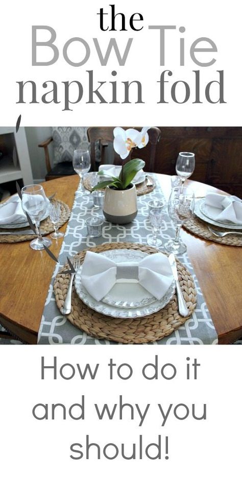 Dress your table up with an easy bow tie napkin fold! Fun and fancy! Tie Napkin Fold, Folding Tricks, Easter Napkin Folding, Bow Tie Napkins, Diy Napkin Folding, Napkin Folding Tutorial, Fancy Napkin Folding, Easy Bow, Creative Napkins