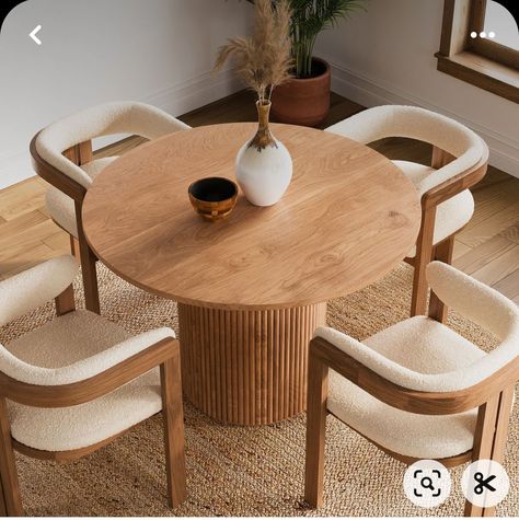 Dining Room Design 4 Seater, Table For 4, Corner Round Dining Table, Round Wood Dinner Table, Small Eating Table In Living Room, Apartment Living Room Dining Table, Round Dining Table 4 Seater, Modern Round Dining Room Table Wood, Japandi Dinner Room