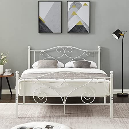 VECELO Full Size Metal Bed Frame with Headboard and Footboard, Iron Mattress Foundation No Box Spring Needed, Heavy Duty/Easy Set Up, White Girly Girl Bedroom, White Metal Headboard, Dream Room Ideas, Bed Idea, Full Size Bed Frame, Metal Headboard, Bed Frame With Headboard, Queen Size Bed Frames, Queen Bed Frame