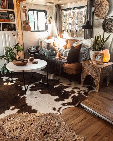 From 2,700 to 314 Square Feet: Family’s RV Travel Lifestyle Boho Rv Remodel Living Room, Southwestern Camper Decor, Western Camper Makeover, Boho Rv Living Room, Camper Western Decor, Boho Western Camper, Western Boho Rv Decor, Southwest Rv Interior, Camper Living Room Decor