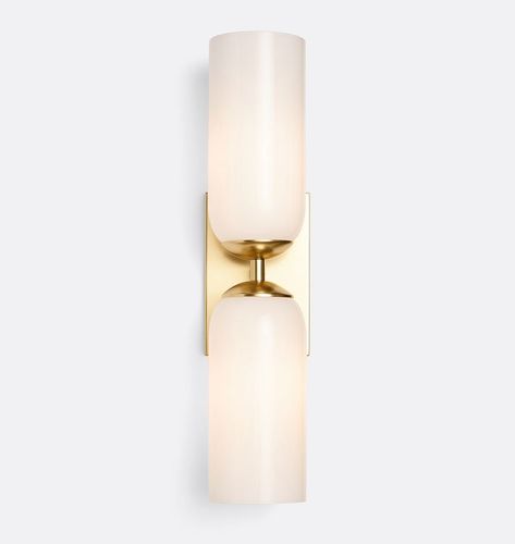 Wren Double Sconce | Rejuvenation Bathroom Sconces Double Vanity, Above Mirror Bathroom Lighting, Master Bath Sconces, Bath Sconces, Bedside Sconces, Brass Lampshade, Staircase Wall, Interior Design Resources, Bathroom Sconces