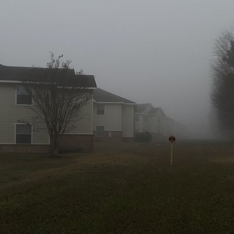 Unsettling Nostalgia, Foggy Liminal Space, Foggy Neighborhood Aesthetic, Grey Liminal Space, Gloomy Small Town Aesthetic, Liminal Space Fog, Foggy Neighborhood, Nostalgic Aesthetic, Eerie Places