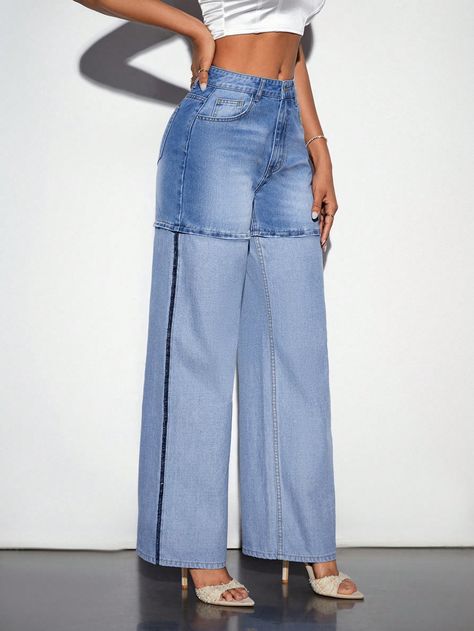 Blue  Collar  Denim Plain Straight Leg Embellished Non-Stretch  Women Clothing Dangri Dress, Trouser Ideas, Denim Diy Clothes, Denim Style Casual, Wide Leg Denim Pants, Modest Casual Outfits, Latest African Men Fashion, 2piece Outfits, Ladies Jeans