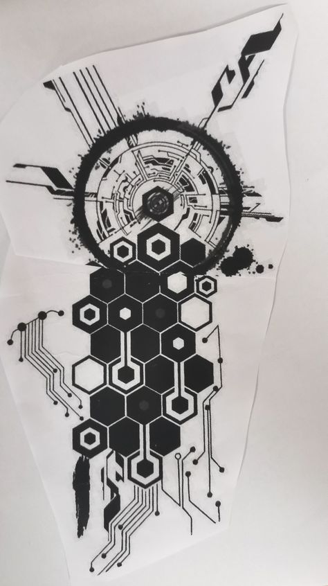 Futuristic Tattoo Sleeve, Geometric Cyberpunk Tattoo, Hexagonal Tattoo Design, Cyberpunk Tattoo Arm, Cyberpunk Anime Tattoo, Cyberpunk Sandevistan, Sandevistan Tattoo, Gear Tattoo Design, Tatto Clock