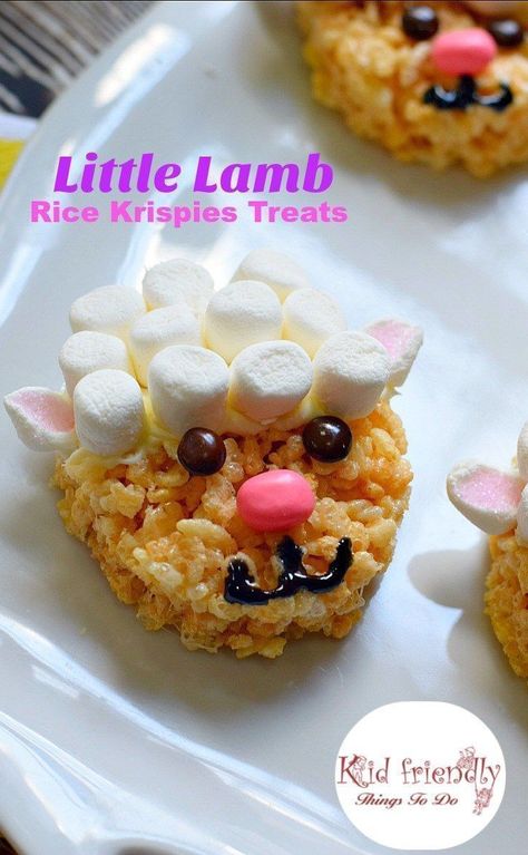 Cute and Easy to Make Little Lamb Rice Krispies Treat for Easter - Perfect for Easter, spring, or farm animal party! www.kidfriendlythingstodo.com Recipes Treats, Easter Rice Krispie Treats, Rice Krispies Treat, Easter Fun Food, Easter Snacks, Rice Krispies Treats, Easter Desserts, Krispies Treats, Kid Desserts