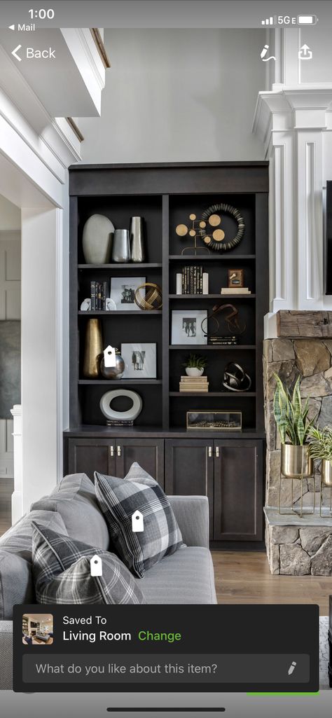 Grey Bookshelves, Creek House, Black Bookcase, Dark Grey Walls, Black Fireplace, Bookshelves In Living Room, Bookshelf Design, Wall Bookshelves, Living Room Shelves