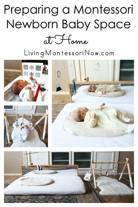 Many ideas and resources for preparing a Montessori baby space at home for newborns up to approximately 2 months old; perfect for baby parents and caregivers. Montessori Newborn, Montessori Infant Room, Montessori Nursery, Maluchy Montessori, Montessori Bedroom, Montessori Room, Baby Live, Baby Kicking, Montessori Ideas