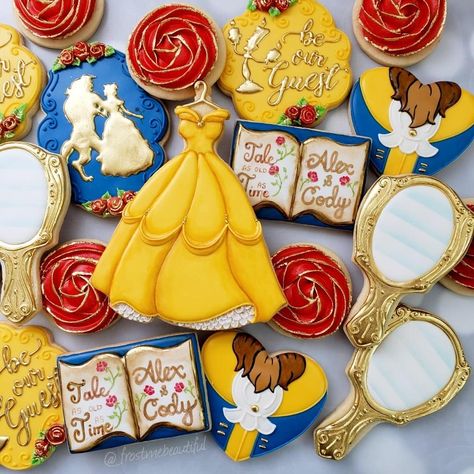 Beauty and the Beast bridal shower cookies for friends of ours! Edible gold (Sunflower Sugar Art) and dress cutter from @howsweetisthat! I… Beauty And The Beast Cookies, Cookies For Friends, Beauty And The Beast Cake Birthdays, Disney Princess Cookies, Beauty And The Beast Quince, Belle Birthday Party, Beauty And Beast Birthday, Beauty And Beast Wedding, Beauty And The Beast Theme