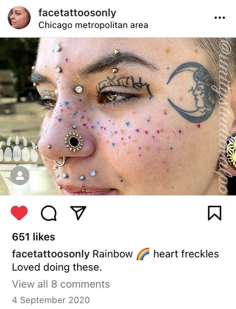 Confetti Freckles Tattoo, Rainbow Freckle Tattoo, Colorful Freckles Tattoo, Rainbow Freckles Tattoo, Heart Freckle Tattoo, Rainbow Freckles, Heart Freckles, Freckles Tattoo, Piercing Bridge