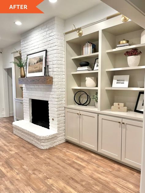 Cabinets On Side Of Fireplace Built Ins, Painting Built In Cabinets, Built In Bookshelves Next To Fireplace, Built In Shelves Paint Ideas, Built In Shelves Next To Fireplace, Builtin Bookshelves Fireplace, White Built Ins Around Fireplace, Bookcases Next To Fireplace, Bookshelves By Fireplace