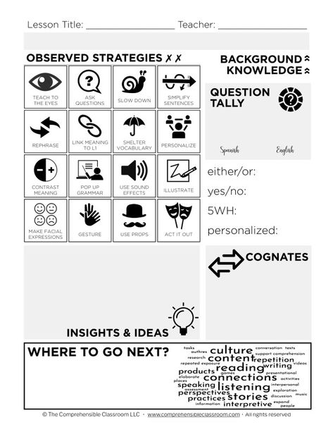 Peer observation form for language classes - The Comprehensible Classroom Language Classes, Comprehensible Input, Background Knowledge, Target Language, Teaching Style, Language Teacher, Language Lessons, Language Teaching, Professional Development